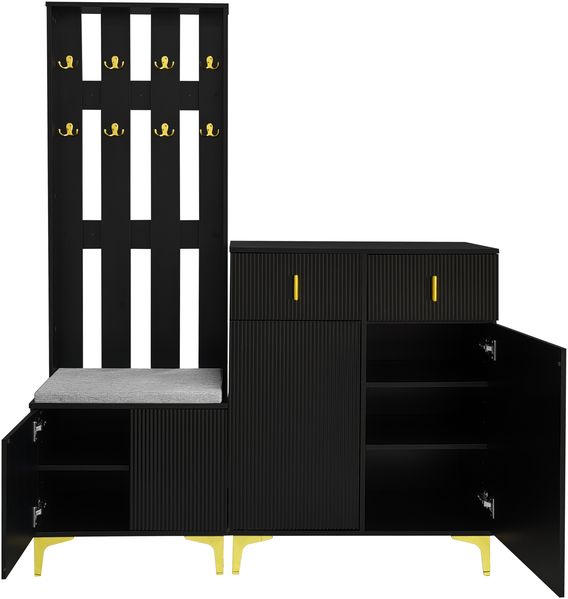 Garderobenset mit Schuhbank und Kissen, Garderobenfront mit Haken, Schuhschrank mit Schubladen und Türen Bild 10