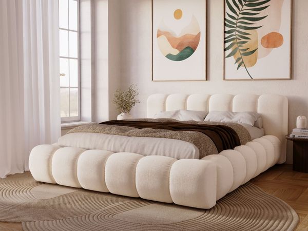 GRAINGOLD Doria Doppelbett 160x200, mit Kopfteil, Lattenrost, Bettkasten, Velour-Stoff, Creme