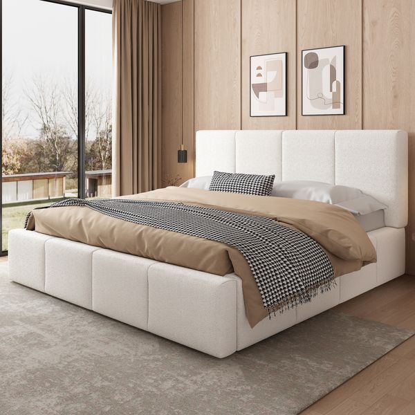 Polsterbett Doppelbett, Bett mit Lattenrost und gepolstertem Kopfteil, Bouclé, Beige, 180 x 200 cm