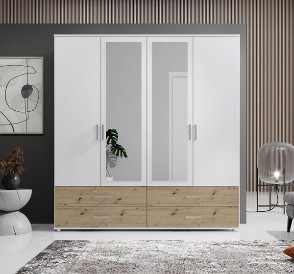 Schlafkontor Drehtürenschrank Ivar Kleiderschrank mit Spiegel inklusive 2 Spiegeltüren und 2 farblich abgesetzten Schubkästen