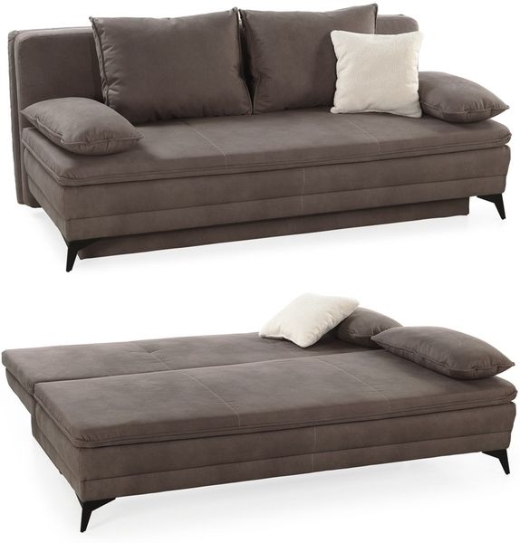 Dauer-Schlafsofa 202 cm Couch mit Topper Bettkasten Wellenunterfederung in Braun
