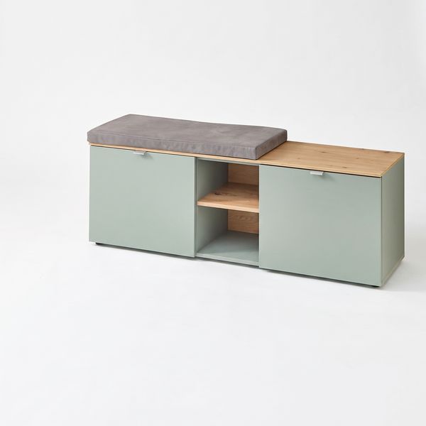 Stella Trading BARI Schuhbank in Schilfgrün, Artisan Eiche Optik FSC-Zertifiziert - Moderne Sitzbank mit Stauraum für Ihren Flur - 128 x 50 x 38 cm (B/H/T)