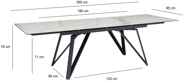 Esszimmertisch 180 - 260 cm Ausziehbar Keramik Glas Weiß, Keramiktisch Marmor-Optik Groß, Designer Küchentisch Rechteckig, Esstisch Extravagant mit Metallbeinen Bild 4