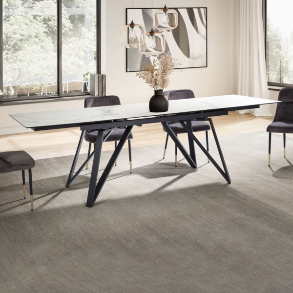 Esszimmertisch 180 - 260 cm Ausziehbar Keramik Glas Weiß, Keramiktisch Marmor-Optik Groß, Designer Küchentisch Rechteckig, Esstisch Extravagant mit Metallbeinen Bild 2