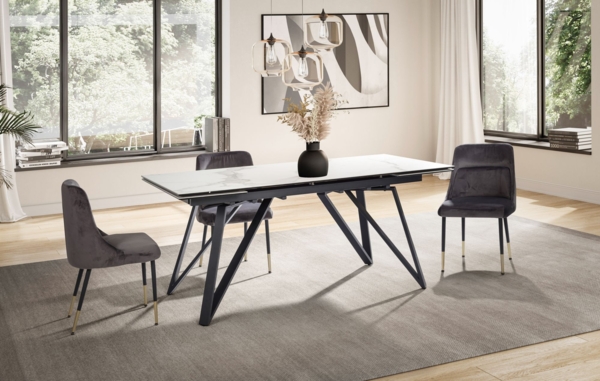 Esszimmertisch 180 - 260 cm Ausziehbar Keramik Glas Weiß, Keramiktisch Marmor-Optik Groß, Designer Küchentisch Rechteckig, Esstisch Extravagant mit Metallbeinen Bild 3