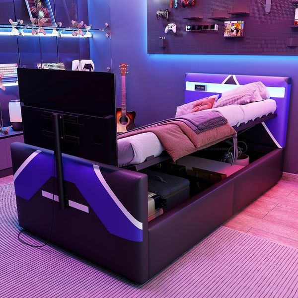 Kinderbett im E-Sport-Stil mit PU-Lederbezug in Farbblockoptik,LED-Beleuchtung mit Farbwechsel hydraulischem Stauraum und integrierter TV-Halterung Multifunktionales Gaming Bett,,90 x 200 cm