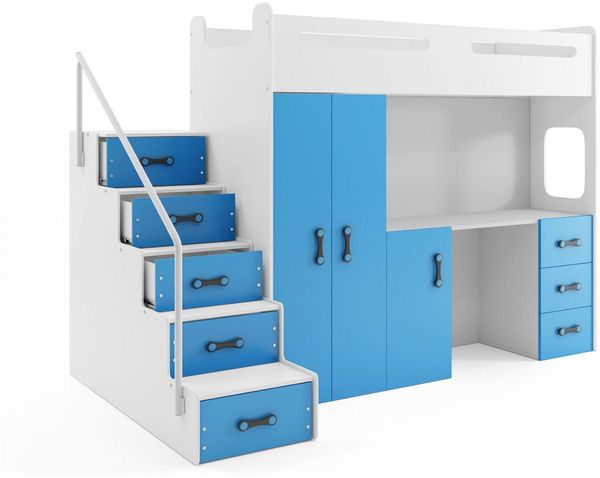 BMS Hochbett für Kinder MAX 4 Weiß Blau 4-teiliges Set