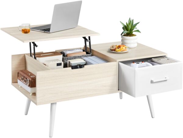 Yaheetech Couchtisch Höhenverstellbar, Beistelltisch mit Stauraum & offene Fächer, Wohnzimmertisch mit Geteilter Tischplatte, Lift-Top Kaffeetisch fürs Wohnzimmer/Esszimmer, Helle Holzfarbe
