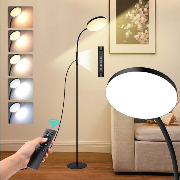 Jibenhome Stehlampe LED Stehleuchte Dimmbar, Leselampe mit Fernbedienung,10 Helligkeitsstufen,Timer