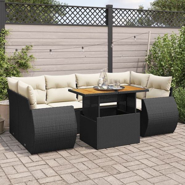 vidaXL 7-tlg. Garten-Sofagarnitur mit Kissen Schwarz Poly Rattan 3327227