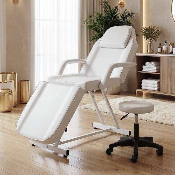 HOME NATURE WOHNKONZEPT Kosmetikliege mit Rollhocker, klappbare 3-Zonen Massageliege für Beauty, Spa, Tattoo & Salon, 182 x 81 x 74 cm, Weiß