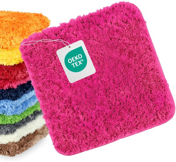 WohnDirect Badematte 45x45 cm ohne Ausschnitt Pink – Kleiner Badteppich Quadratisch & rutschfest, Flauschiger Badvorleger, Waschbar, für Gäste-WC & Fußbodenheizung