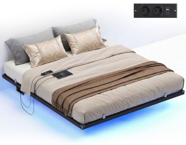 VASAGLE Bettgestell 180 x 200 cm mit LED-Beleuchtung, USB-C-Anschluss, Steckdosenleiste, Schlafzimmer, trägt bis 500 kg, schwarz