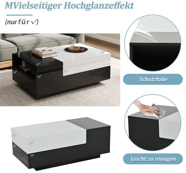 Merax Couchtisch Sofatisch Beistelltisch mit Hochglanz-Oberfläche (1-St), Wohnzimmertisch mit 2 Schubladen, Stauraum & Schiebeplatte,100x50x38cm Bild 4