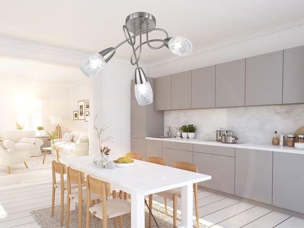 LED Deckenleuchte 3-flammig dimmbar, Silber mit Dekorglas satiniert, Ø 47cm