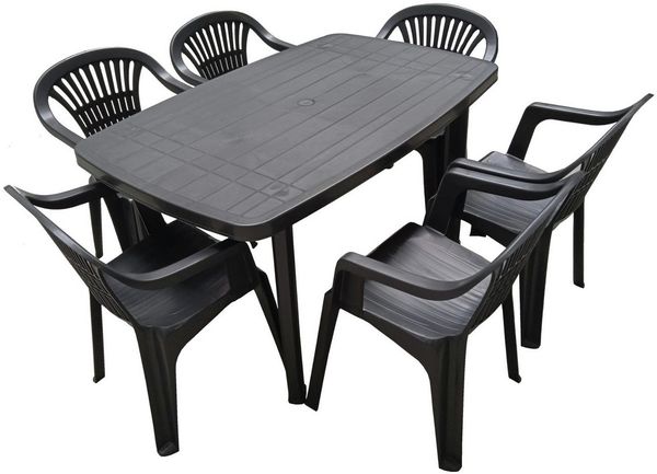 Progarden Sitzgruppe Gartenmöbel Sitzgruppe Balkonmöbel Terrasse Schwarz, (Set, 7-tlg, Tisch + 6 Stapelstühle), UV-Beständig, Robust, Wetterfest, Made in Italy, Hochwertig