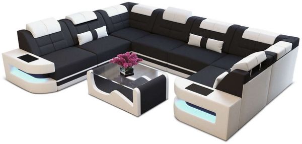 Wohnlandschaft Como U Form aus Stoff - Mikrofaserstoff - schwarz-weiß - Links