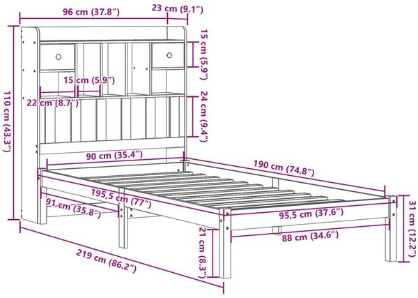 vidaXL Massivholzbett mit Regal ohne Matratze Weiß 90x190 cm Kiefer 3321613 Bild 11