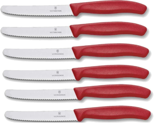 Victorinox | Tafelmesser Set | Swiss Classic | 6 Stück| Wellenschliff | ergonomischer Griff | ideal für präzises Schneiden | leuchtendes Rot