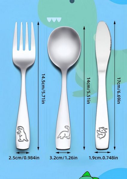 FOUORTUNATE-BEE Kinderbesteck 9-teiliges Kinderbesteck aus Edelstahl mit Dinosaurier-Motiven (9-tlg), Gabeln, Löffel und Messer für Kinder mit graviertem Dino-Design