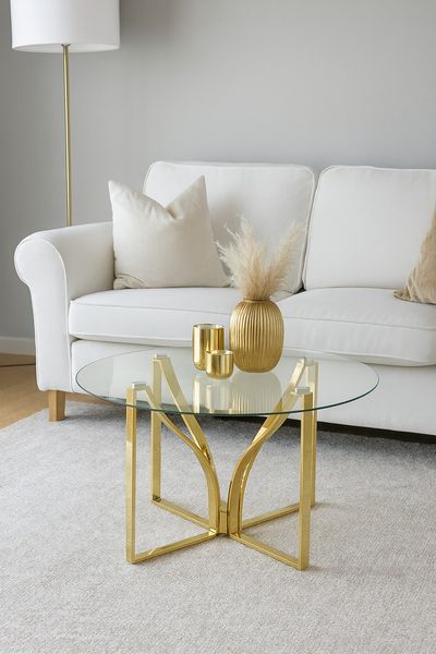 Couchtisch rund, Glasplatte, Gestell goldfarben, Ø 80 cm, Höhe 44 cm