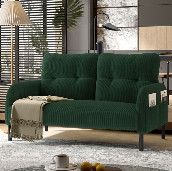 2-Sitzer-Sofa 120 x 75 x 79 cm mit Seitentasche – Cordsofa mit Metallfüßen in Smaragdgrün