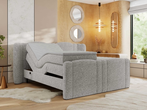 Elektrisch Boxspringbett Multipocket-Matratzen, elektrisch verstellbar, Polsterbett mit Bettkästen - FORTINA - 140 x 200 cm - Hellgrau Struktur - H4