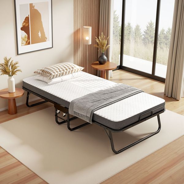 Klappbett Gästebett 90x190 cm Schwarz Metall Rollen Memory Schaum Matratze Klappsofa Campingbett Tagesbett 150kg