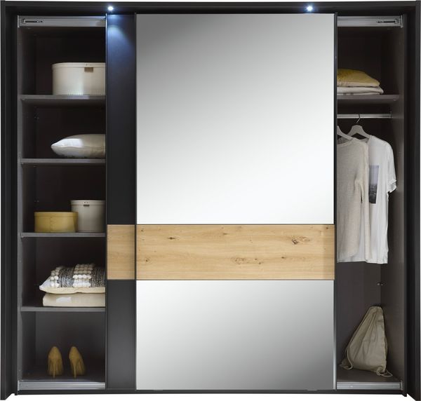 Schwebetürenschrank >STARLIGHT< KOMPLETT inkl. LED-Passepartout, Spiegel & zusätzlichen Einlegeböden in Anthrazit / Eiche Dekor - 225x215x60 (BxHxT) Bild 8