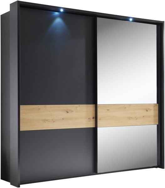 Schwebetürenschrank >STARLIGHT< KOMPLETT inkl. LED-Passepartout, Spiegel & zusätzlichen Einlegeböden in Anthrazit / Eiche Dekor - 225x215x60 (BxHxT) Bild 2