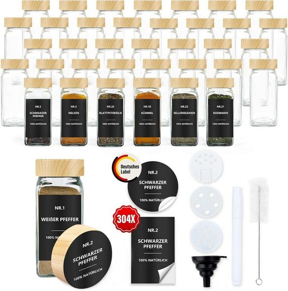 BBWL Pfefferstreuer Gewürzgläser Set eckig 120 ml mit Zubehör, 12er, 24er oder 36er Set, (36-tlg), luftdichte Gewürzdosen aus Glas mit Etiketten für Schubladen&Organizer
