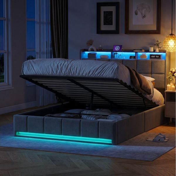 Gdood Polsterbett Doppelbett Stauraumbett LED USB (1-tlg, Leinenmaterial Polsterbett mit RGB Beleuchtung, 140x200 cm), Stauraumbett Hydraulisches Jugendbett