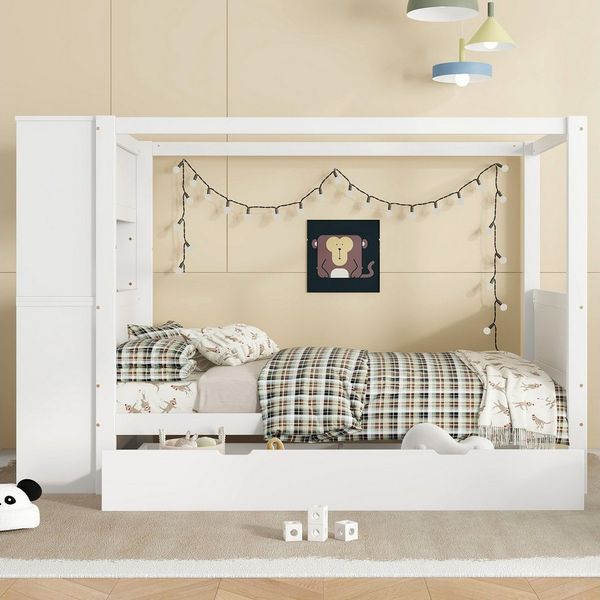 Flieks Kinderbett, Holzbett Himmelbett Einzelbett 90x200cm mit Schubladen Seitenschrank