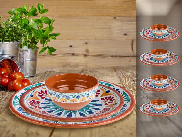 Campinggeschirr, Melamin Ess-Geschirr Set für 4 Personen, mediterranes Design