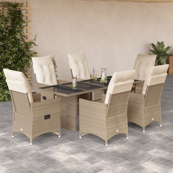 vidaXL 7-tlg. Garten-Bistro-Set mit Kissen Beige Poly Rattan 3276943