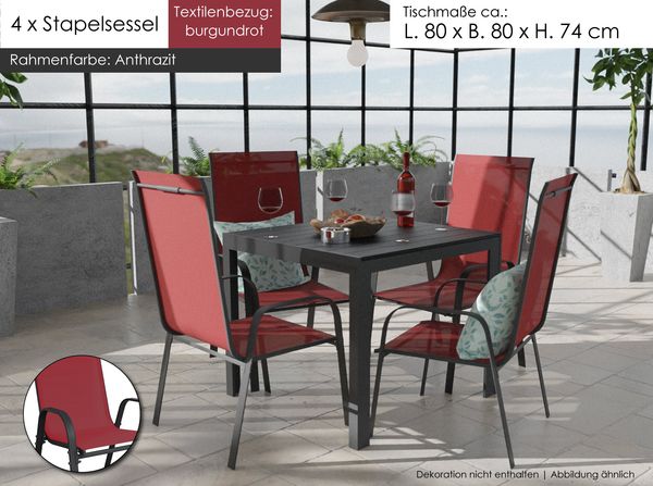 Gartenmöbel Set Alu Tisch 5-tlg. 4x Stapelsessel Essgruppe burgundrot Gartenset Sitzgruppe