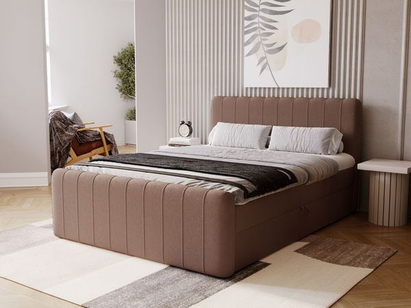 GRAINGOLD Osteno Boxspringbett 180x200, Doppelbett mit zwei Bettkästen, Kopfteil, Velour-Stoff, Braun