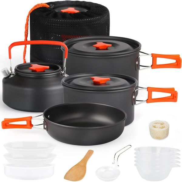 PFCTART Topf-Set Camping Kochgeschirr Set 16 tlg. mit Topf, Pfanne und Camping Geschirr, Aluminium (Set, 16-tlg, Mit Suppentopf, Antihaftpfanne, Kocher & Geschirr für Camping), Leicht, stapelbar und tragbar in praktischer Tasche für Outdoor