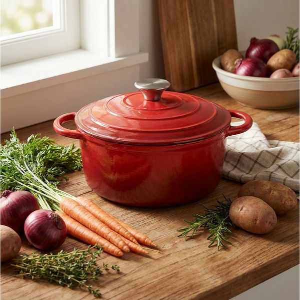 Casativo Schmortopf Gusseisen Topf mit Deckel 22cm Rund 2,2LBräter mit Deckel Rot, Gusseisen, backofenfest/Ø22 x H6,9 cm/3,7 kg/für Hobby-Köche