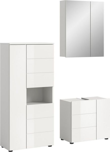 welltime Badmöbel-Set Biel, Midischrank, Waschbeckenschrank, Spiegelschrank, (3-St), Bad Set, modernes Design, Midischrank, Unterschrank, Spiegel