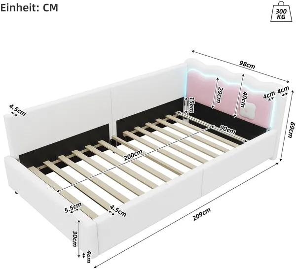 Schlafsofa mit LED-Beleuchtung und Lattenrost, 90x200 cm, Polsterbett, Einzelbett, Jugendbett, Vlies Bild 6