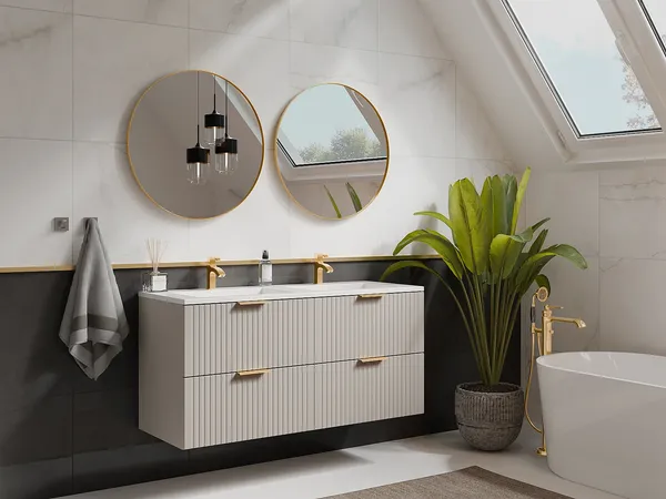 Vente-unique - ZEVARA Waschbeckenmöbel Holz, Platte Beige - B 46 cm x H 57 cm x L 120 cm
