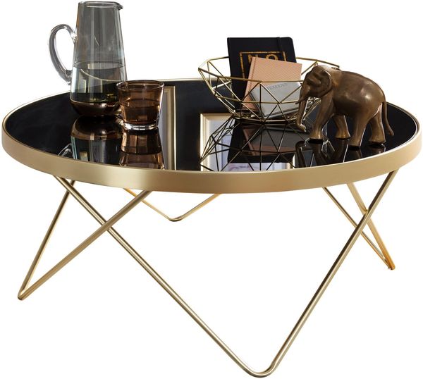 Couchtisch Ø 82 cm Schwarz / matt Gold Beistelltisch Metall/Glas, Tisch mit Glasplatte, Ablagetisch modern, Großer Wohnzimmertisch, Glastisch mit Metallgestell