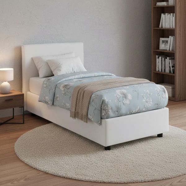 Talamo Italia - Chiaraluna-Einzelbett, Bettkasten mit Stoffbezug, 100 % Made in Italy, Öffnung vorne, inklusive Matratze 90x190 cm, Weiß