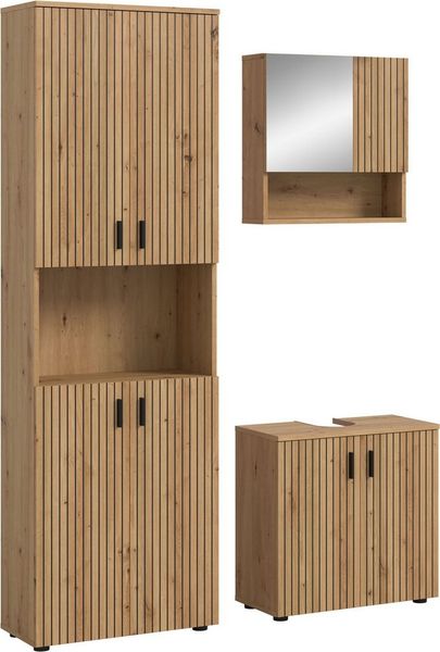 welltime Badmöbel-Set MANI, 3-tlg. Badkombination, Paneeloptik, (Set, 3-St, Set, best. aus: 1Hochschrank,1Waschbeckenunterschrank,1Spiegelschrank), Bad-Kombination, Bad-Möbel, Badezimmer, Kombination, Kombi