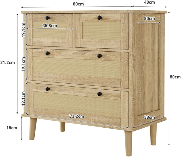 Schrank mit Rattangeflecht 80x40x80 cm, Kommode Holzfarbe, 4 Schubladen, Massivholzbeine Bild 7