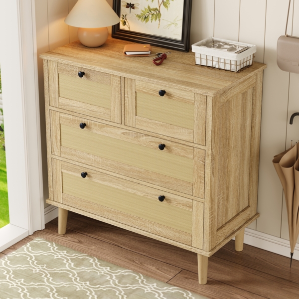 Schrank mit Rattangeflecht 80x40x80 cm, Kommode Holzfarbe, 4 Schubladen, Massivholzbeine Bild 3