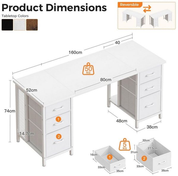 ODK Schreibtisch mit 6 Stoffschubladen, Umbaubarer Computertisch mit Regal (1-St), 160x52 cm Weiß, Viel Stauraum, Ideal für Büro & Gaming