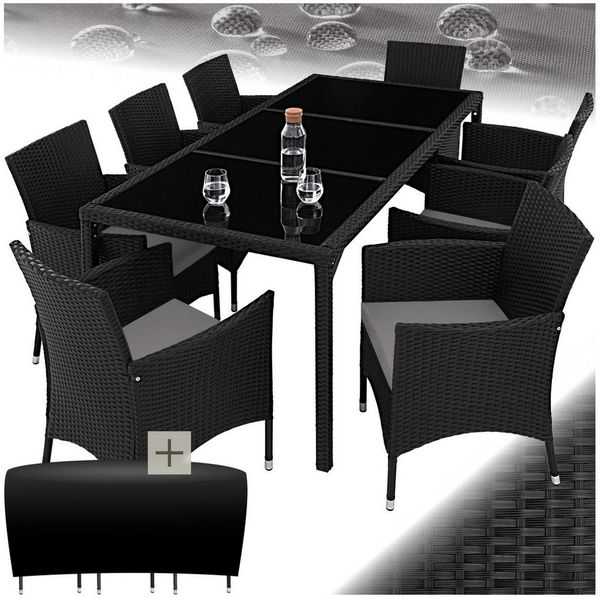 tectake Sitzgruppe Rattan Gartenlounge für 8 Personen, inklusive Schutzhülle, (Loungeset Almansa, 9-tlg, für Außen in Schwarz/Grau), widerstandsfähig, UV-beständig, mit Sicherheitsglasplatten