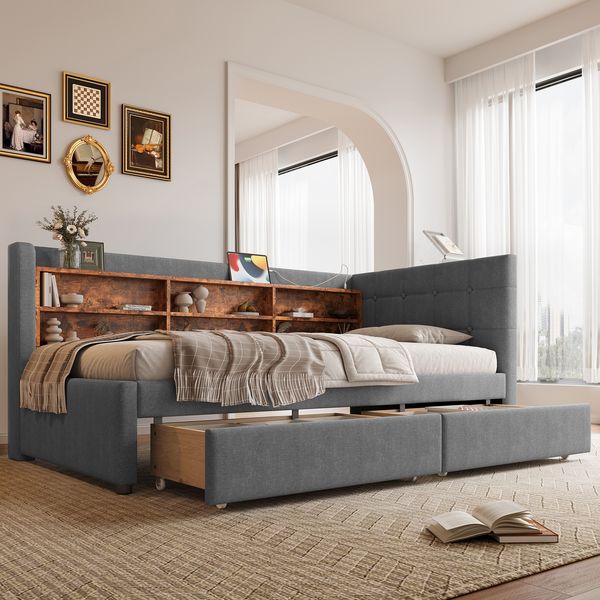 Bett 90x200 cm aus Leinen mit Stauraum und USB-/Type-C-Anschlüssen – Tagesbett mit 2 Schubladen